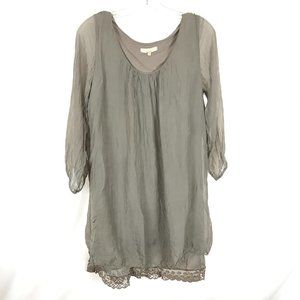 Womens Size Large Prontomoda Giusy Gray Pure Silk Lace Accent Tunic Blouse